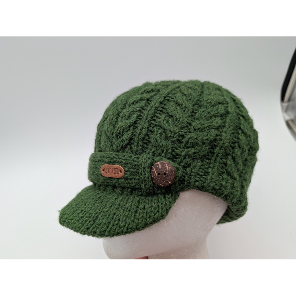 Erin Knitwear Ireland Green Wool Cable Knit Newsboy Cap Fleece Lined Hat